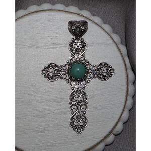DGS Turkey Sterling Silver Large Turquoise Cross Pendant 11.07G / 2.9in